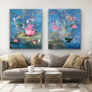 «Treningsgris» og «Froskevenner», 80 x 100, Deep Edge. SOLD